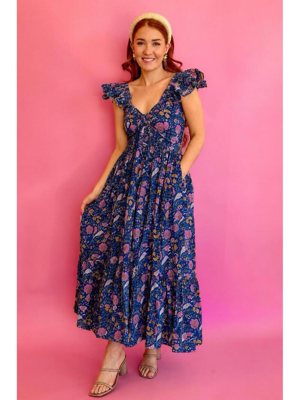 Bohemian Gemme Sz M Blue‎ Pink Orange Floral Ruffle Maxi Dress Smocked